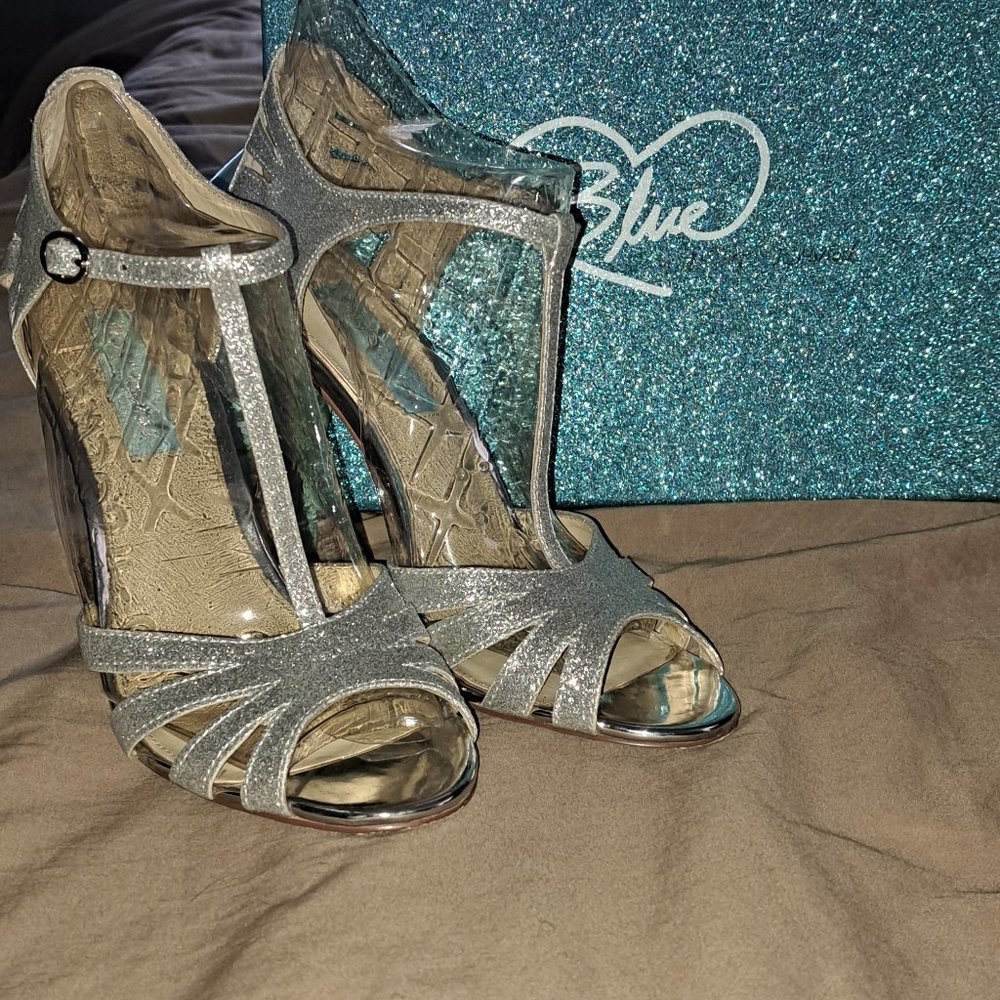 Blue by Betsey Johnson silver glitter wedding heels